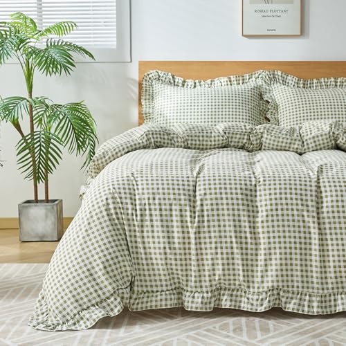 kisswish Gingham Duvet Cover Queen Size 3 Pieces Soft Breathable Microfiber Plaid Duvet Cover with Zipper Closure & 2 Pillow Shams Ruffle Farmhouse Vintage Decor Sage Green