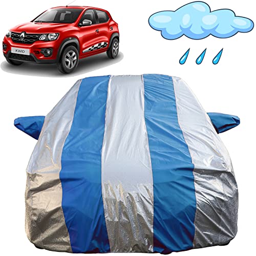 Image of Autofact Waterproof Car Body Cover Compatible with Renaults Kwid (2015 to 2020) with Mirror Pockets (Blue Stripes with Shinning Silver Fabric /Waterproof Cover)