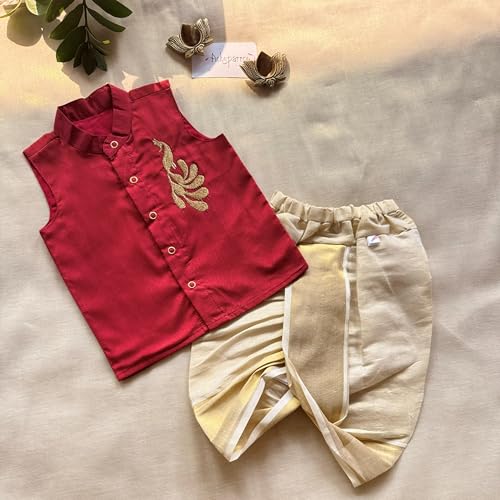 Image of Picksparrow Baby Boy Cotton Silk-Tissue Kasavu Cotton Shirt with Dhoti pant (Peacock-Sleeveless)