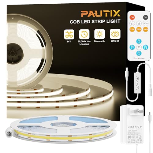 Image of PAUTIX COB LED Strip Lights,UL Listed Dotless LED Lights with RF Remote,16.4ft Natural White 4000K Super Bright Dimmable Flexible Diffused LED Tape Light,Kitchen Cabinet,Office,Stairs,Shelf Lighting
