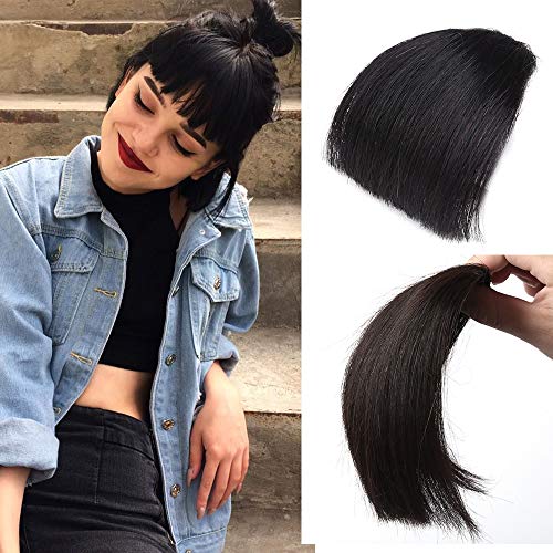 Reysaina Hand-tied Clip In Fringe Real Brazilian Human Hair Clip in Hair Bangs without Hair Temples #1b Natural Black