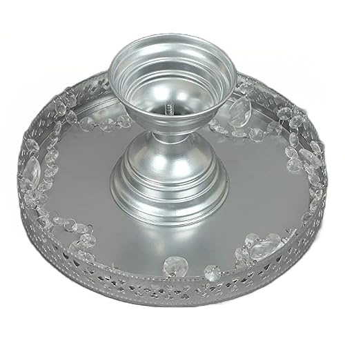 Giftbay Creations Cake Stand Pedestal 13" Diameter (Top), Strong Metal With Clear Hanging Crystals (Silver) #TOP1