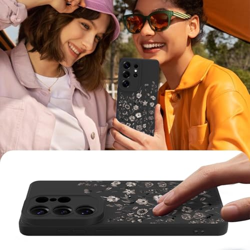 Image of Designed for Samsung Galaxy S26 Ultra Case for Women, Black Floral | Cute Flower Pattern Liquid Silicone Phone Case [Full Camera Protection] Slim Soft TPU Protective Cover