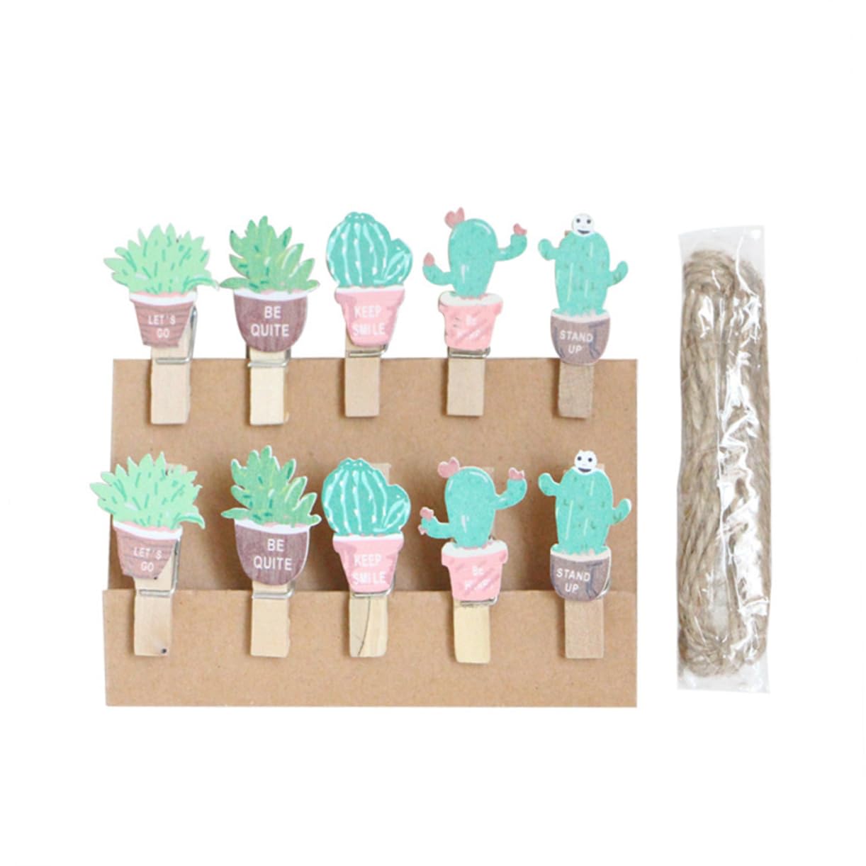Lot De 10 Pinces à Photos En Bois Forme Cactus - Avec Base Et Cordon - Pour Décoration Anniversaire, Mariage, Bureau