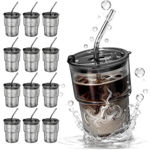 12 Packs Glass Tumbler with Lid and Straw Ice Coffee