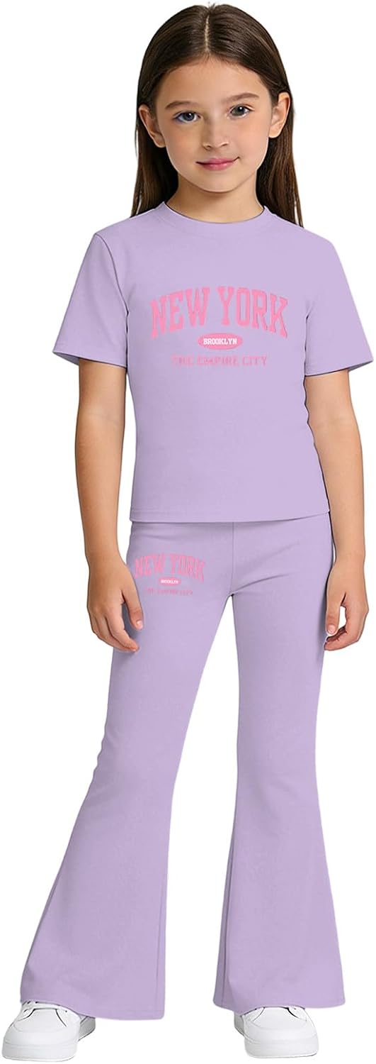 Girls Clothes Tween Girl 2 Piece Outfits Short Sleeve Tee Shirt & Flare Pants Kids Cotton Clothes Set Size 7-12 Years