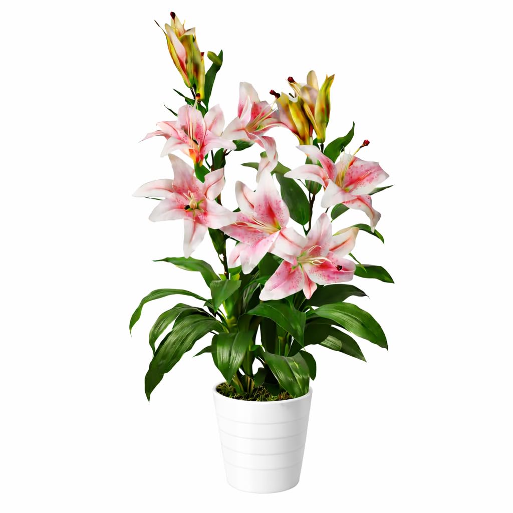 Artificial Stargazer Lily Plant - 90cm (3ft) - Pink Silk Flowers - Realistic Indoor Decoration - Leaf Brand