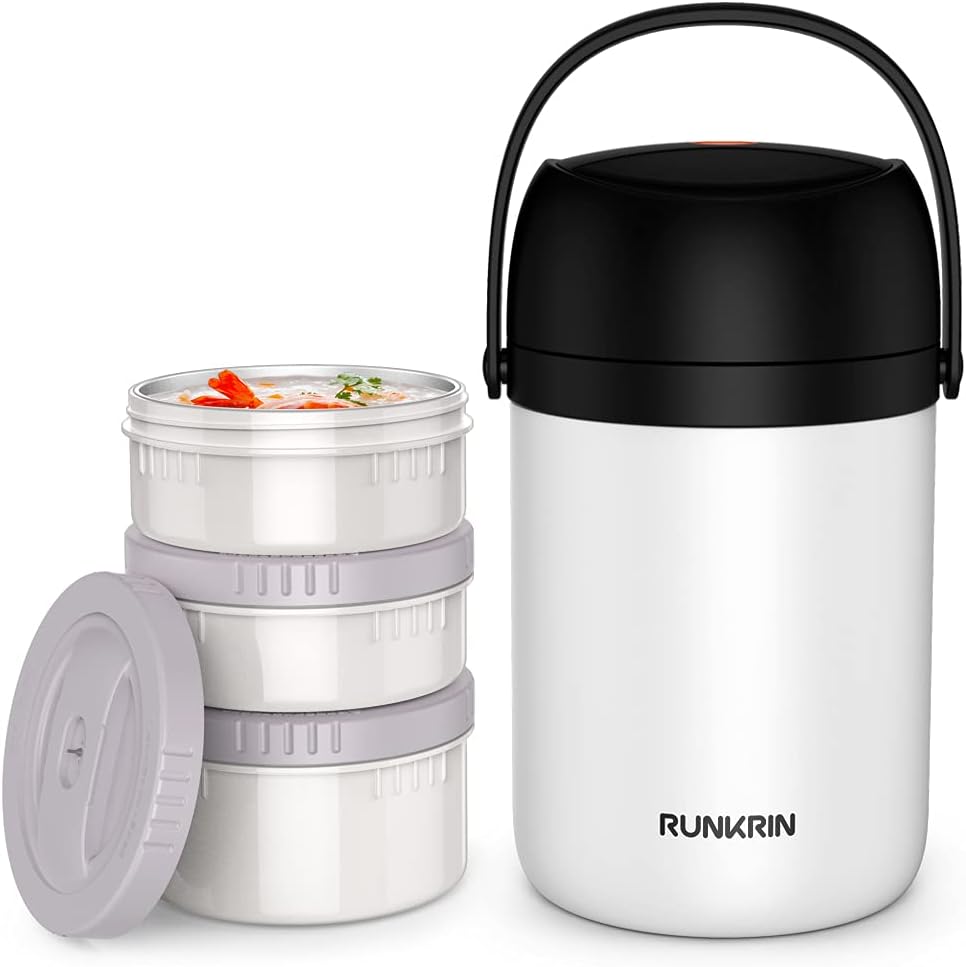 Runkrin 64oz Insulated Insulated Food Jar for Hot Food 8 Hours, 3 Tiers Leak-Proof Thermal Bento Lunch Box Containers, Stainless Steel Vacuum Food Jar Soup Storage for Men Women Picnic