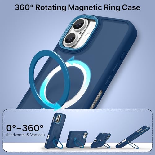Image of eller sante Maximus Back Cover Case for iPhone 16 Plus with Magnetic Alloy Ring Metal Kickstand Camera Protector TPU Shockproof 10ft Drop Protection Compatible with Mag-Safe- Blue