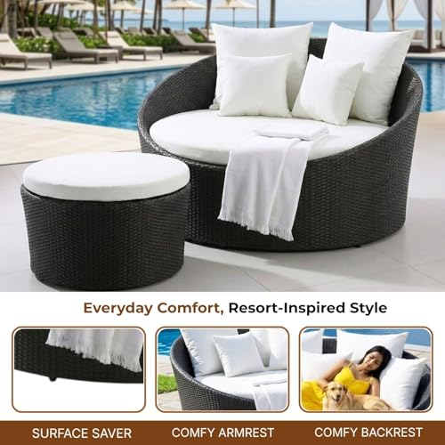 Image of DEVOKO Outdoor Pool Side, Garden, Balcony, Porch, Backyard, Terrace, Patio, Beach Round Sofa Wicker and Rattan Daybed with Table Furniture Set (Black & Offwhite)
