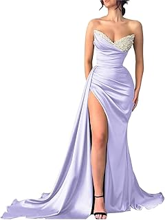 Sleeveless Beaded Satin Mermaid Dress V-Neck Pleated Party Dresses for Women Formal Evening Gowns with High Slit - Buy now