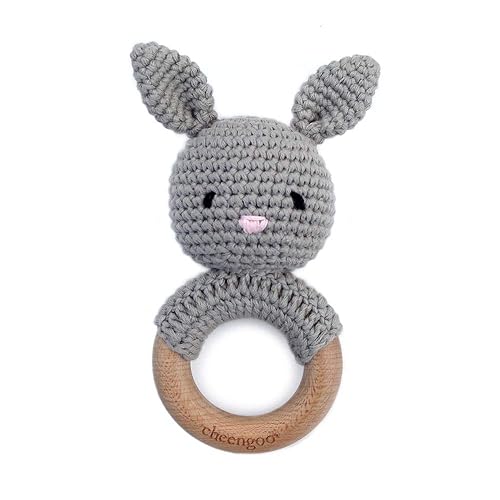 Cheengoo All Natural Baby Toy - Mordedor de sonajero de conejito gris
