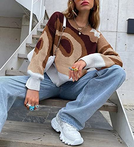 Image of MISSACTIVER Women Casual Knitted Mock Neck Sweater Print Colorblock Long Sleeve Loose Fit Pullover Knitwear