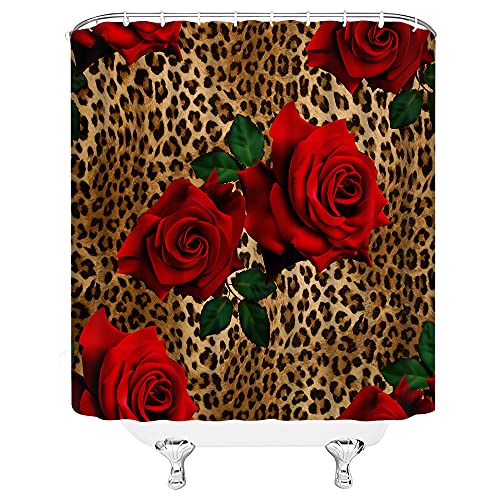 Leopard Flower Shower Curtain Red Rose Floral Valentine's Day Wild Animal Print Mix Skin Pattern Creative Modern Woman Fabric Bathroom Decor Set With Hooks（70" Wx70 H） #TOP2