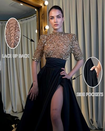 Fair Lady Sequin Prom Dresses for Women 2025 Sparkly Half Sleeves High Neck A Line Satin Formal Evening Ball Gowns with Slit - Image 3