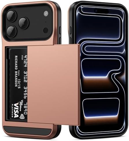 Vofolen for iPhone 17 Pro Case Wallet with Card Holder [Max 3 Cards] Dual Layer Heavy Duty Shockproof Drop Protection Hidden Sliding ID Slot Slim Phone Cover for Women Men, 6.3 Inch Rose Gold