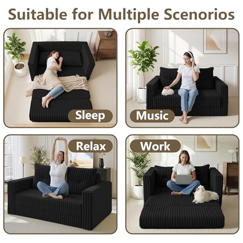 Image of HABUTWAY 41.3 inch Loveseat Boneless Couch, 4-in-1 Convertible Sofa Bed, Plush Fur Folding Futon Sofa Bed Couches with a Pillow for Living Room, High-Density Foam Support, No Assembly Required, Black