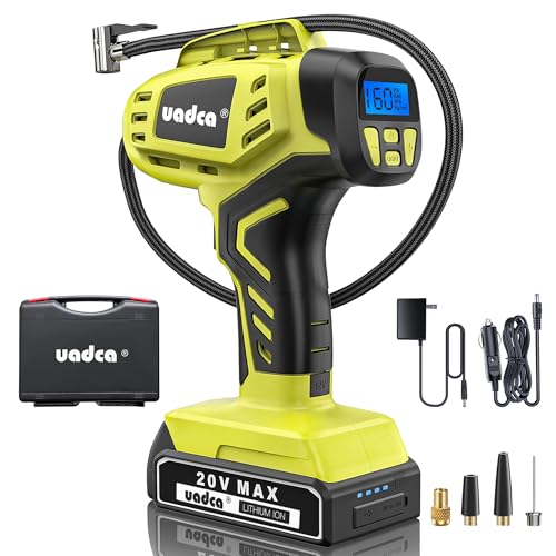UADCA Tire Inflator Portable Air Compressor, 160PSI Handheld Air Pump, 20V Rechargeable Battery Powered, with 12V Car Power Adapter, Digital Pressure Gauge, for Cars, Motorcycles, Bikes, Balls