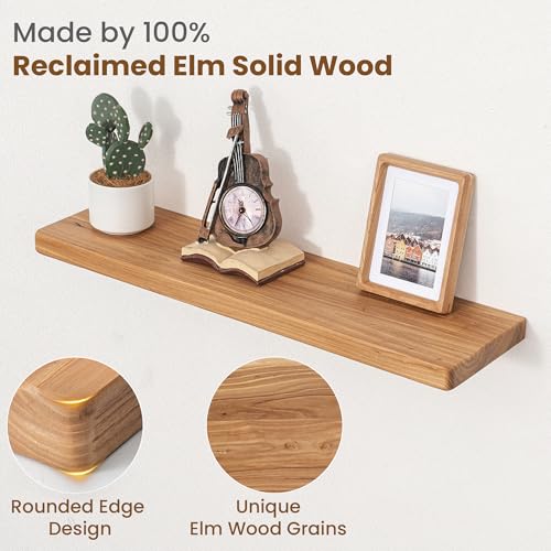 Image of Floating Shelves for Wall, 30 inchWx8 inchD Rustic Solid Elm Wood Floating Shelves Wall Mounted, Round Edge Wall Shelves with Invisible Bracket for Living Room Bathroom Bedroom Kitchen, Set of 2, Natural