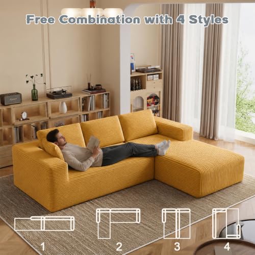 Image of 93 inch L-Shaped Modular Sectional Sofa with Chaise, Boneless Corduroy Cloud Couch with Deep Seat and Oversized Comfort, Flexible Module Combination for Living Room, No Assembly Required