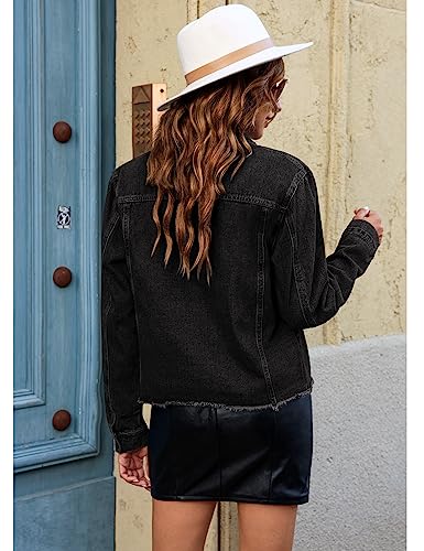 Image of luvamia Denim Jacket for Women Distressed Jean Jackets Button Up Vintage Western Trucker Jacket Frayed Hem Pockets