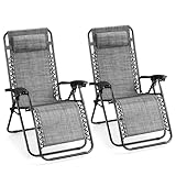 VonHaus Zero Gravity Chairs Set of 2 - Grey Reclining Sun Loungers for Garden - Textilene Folding Sunloungers with Detachable Head Pillow - Fold Away 2 Set Deck Chairs for Outdoor, Patio & Decking