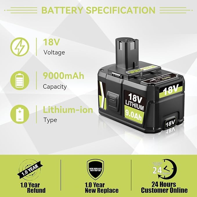 Miniatura 2 de VANTTECH Paquete de 2 unidades P109 de repuesto de litio de 9.0Ah para batería Ryobi de 18 V P102 P103 P104 P105 P107 P108 P109 compatible con