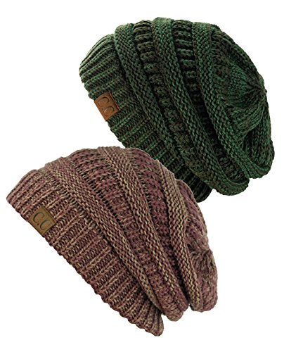 NYfashion101 Exclusive Unisex Two Tone Warm Cable Knit Thick Slouch Beanie Cap, 2 Pack - 2 Tone Olive & Raspberry/Beige