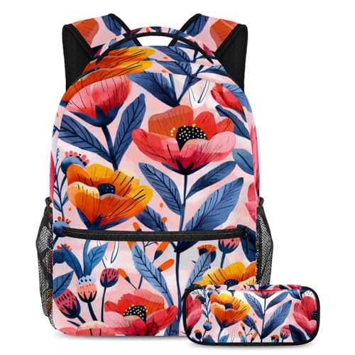 Cartable enfant avec trousse à fleurs rouges et roses, lot de 2 sacs à dos de jour multicolores