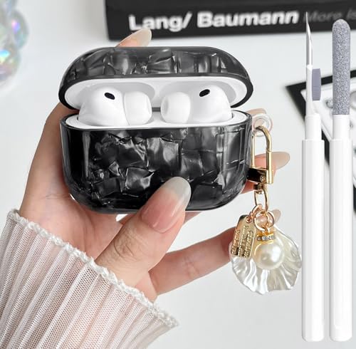 Image of OTOPO for Cute Airpods Pro 3 Gen Case Girl Women 2025 with Cleaner Kit, Glitter Shell Pattern Apple iPod Pro 3rd Generation Protective Cover Skin with Pearl Shell Keychain, Black