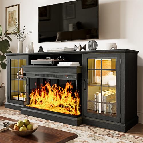 Image of MXV 70'' Fireplace TV Stand, Farmhouse Entertainment Center with 3 Sided Glass TV Stand, Modern Media Console Table with Storage Drawers & Cabinets with LED Flame and Lights for Living Room, Black