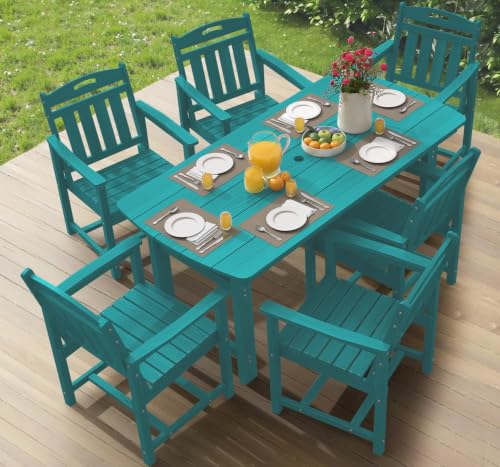 Image of Ciokea HDPE Outdoor Dining Set of 6, Patio Table and Chairs Sets, Lake Blue