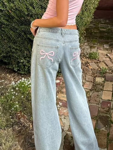 Women's Wide Leg Jeans Back Bow Embroidery Straight Leg Baggy Denim Pants Loose Boyfriend Jeans Y2K Trousers2