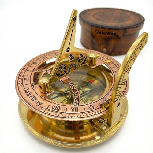 Brass Sundial Compass in Leather Case - Unique Nautical Gifts for Men, Antique Vintage Style, Sailors Gifts for Older Men, Nautical Decor, Naval Maritime Retirement Pocket Clock (2.7 Inch)