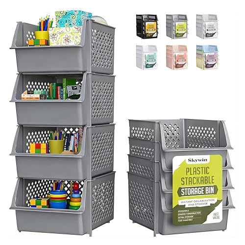 Image of Skywin Stackable Storage Bins Open Front for Pantry Storage, 4 Pack - Grey | Sturdy Plastic, Easy Stacking, Open Front Access, Ventilated Sides, Vertical & Space Saving Pantry Organizers and Storage Bin