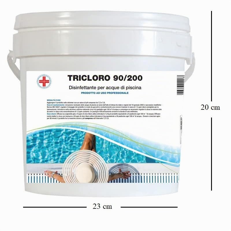 Virsus Tricloro 90/200 a Pastiglie per acqua di piscina 3B05, 25 pastiglie da 200 gr a lenta dissoluzione contro virus e batteri, Agente clorante stabilizzato per un corretto trattamento acque (5 Kg)