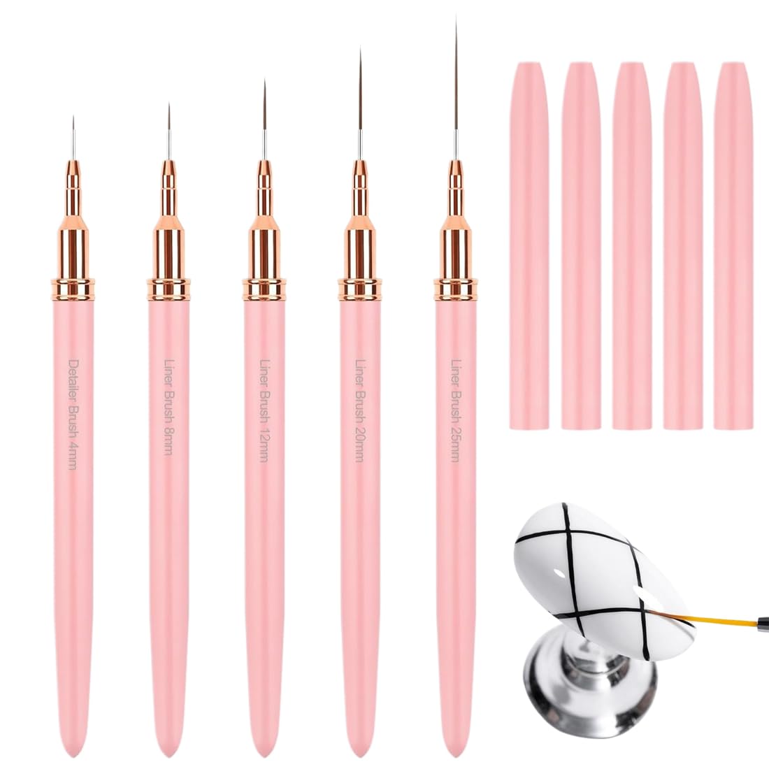 YAYNO Set Pennelli per Nail Art 5 Pezzi Pennelli dimensioni 6/9/12/15/18 mm Disegnare Linee Fini Attrezzo per Unghie Pennelli Liner di Precisione per disegnare e punteggiare le unghie