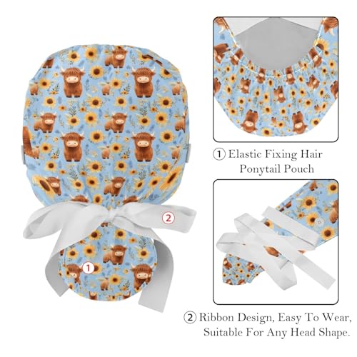 Image of 2 PCS Bouffant Cap with Button Ponytail Pouch Working Cap Sweatband Adjustable Surgical Cap Black and White Cow
