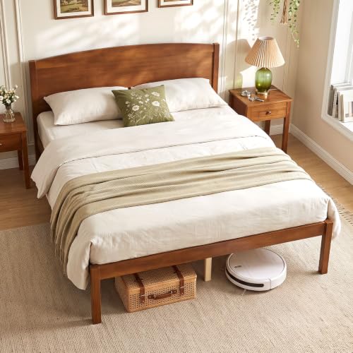 Image of GIANTEX Full Size Wooden Bed Frame with Curved Headboard, Wood Slat Support | Farmhouse Platform Bed w /Heavy Duty Mattress Foundation, Under-Bed Storage Space, No Box Spring Needed, Easy Assembly