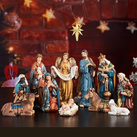 TOETOL Nativity Sets for Christmas Indoor Set of 13 Pieces 7.9 Inch Tall Scene Resin Figurines Holy Family with Glory Angel Tabletop Holiday Decorative Ornament Religious Gifts Cover