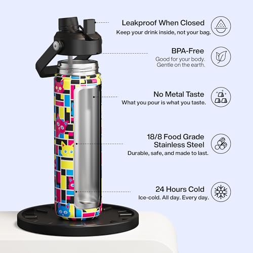 Image of ENCOOL Insulated Water Bottle with Straw Stainless Steel Water Bottle, Leak-Proof, BPA-Free, Double Wall Vacuum Keeps Cold for 24 Hours for Sports, Travel, School (26 oz, Mosaic Cats)