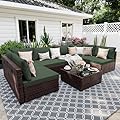 UPHA 7 Pieces Patio Furniture Sets, Wicker Outdoor Sectional Sofa Couch with Coffee Table, Patio Conversation Set for Deck Backyard Garden, Brown Rattan, Pine Green Cushion