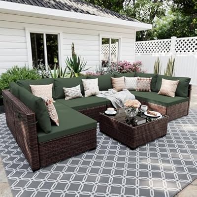 UPHA 7 Pieces Patio Furniture Sets, Wicker Outdoor Sectional Sofa Couch with Coffee Table, Patio Conversation Set for Deck Backyard Garden, Brown Rattan, Pine Green Cushion