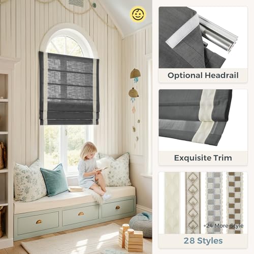 Image of TWOPAGES Liz No Drill Cordless Roman Shades Linen Textured Roman Blinds for Windows, Custom Made Room Darkening Blackout Roman Window Shades, Hardware Included, Carbon Grey, 1 Piece