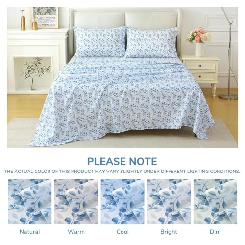 Image of MUXHOMO King Size 4 Piece Sheet Set, Soft Breathable Bed Sheet Set for Bedroom with Deep Pocket Up to 16 inch, Wrinkle-Free & Cooling Bedding for Oeko-TEX Certified - Blue Leaves