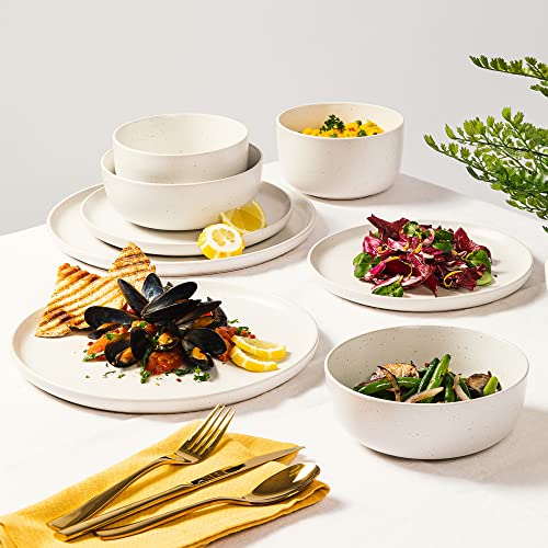 Image of Gibson Elite James Street Stoneware Matte Reactive Double Bowl Dinnerware Set - Sea Salt White, Service for 4 (16pcs)