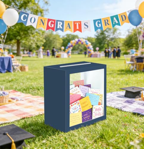 Image of SietDESEO Navy Blue Card Box for Party with Clear Window Large Gift Card Box Holder for Wedding Reception Birthday Graduation Baby Shower Raffle Ticket Box
