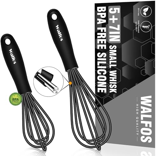 Walfos Whisk 5+7In/12Cm+17Cm Mini Whisk,Silicone Whisks Non Scratch Heat Resistant (480°F). Nice For Stirring Individual Eggs And Mixing Small Amounts Of Powder And Sauce.dishwasher Safe.black