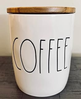 Rae Dunn COFFEE Glossy White 5.25 Inch High Ceramic Canister Cellar with Wood Lid Black Letters
