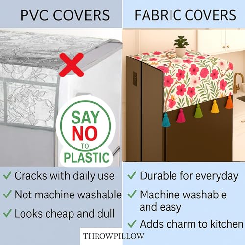 Image of WWW.THROWPILLOW.IN Fridge Top Cover for Double Door 400+L Capacity| Large Size Double Door Refrigerator Cover | Fits Haier Samsung LG Godrej |Durable 450 GSM Dustproof Fridge Cover|Floral Pattern